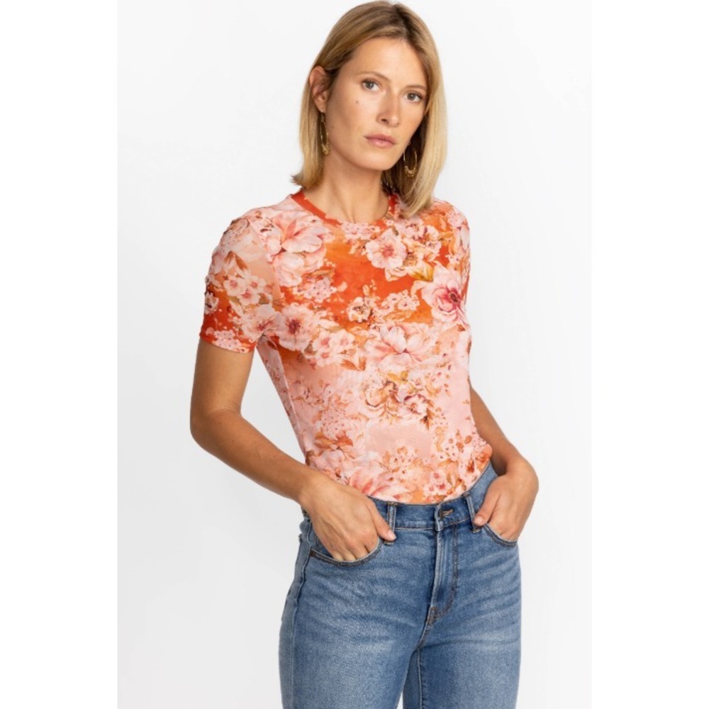 Johnny Was Jade Yours Truly Mesh Tee M Pink Peach Orange Floral Feminine Boho